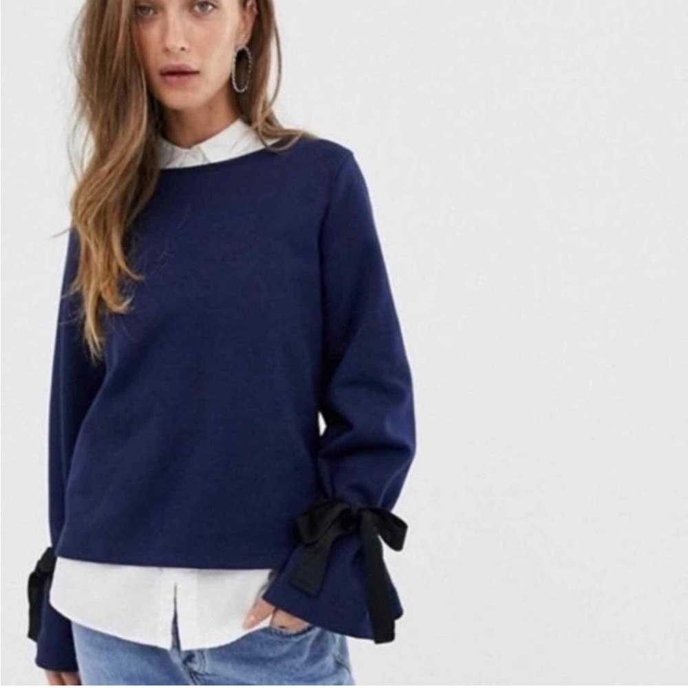 J. Crew Bell Sleeve Bow Sweater Sweatshirt Top Crewneck Navy